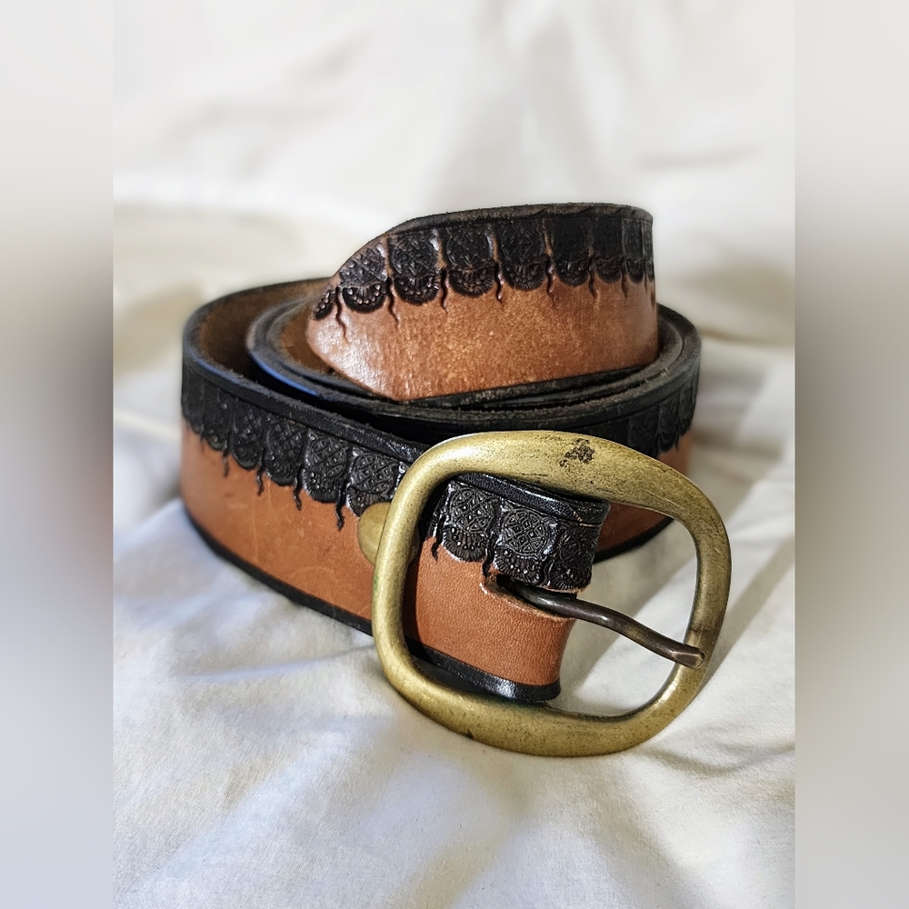 Hand Tooled Black and Brown Belt with Solid Brass Buckle